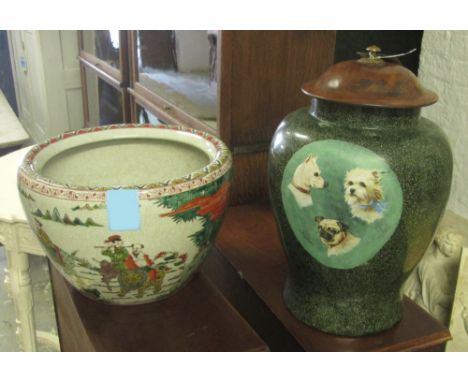 ORIENTAL PLANTER, 21st century Chinese ceramic decorated figures in a landscape, 41cm diam x 28cm H; a lidded urn decorated d