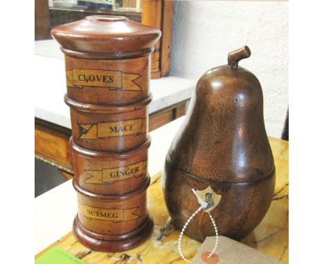 TREEN PEAR SHAPED TEA CADDY, 17cm H plus a treen spice tower, 19cm H. (2)