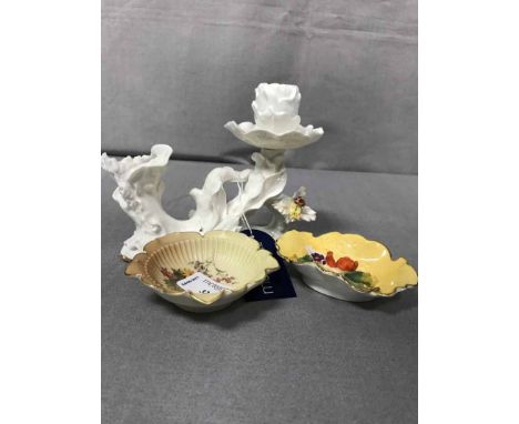 TWO ROYAL WORCESTER PIN DISHES AND A MOORE & CO. CANDLESTICK (3)