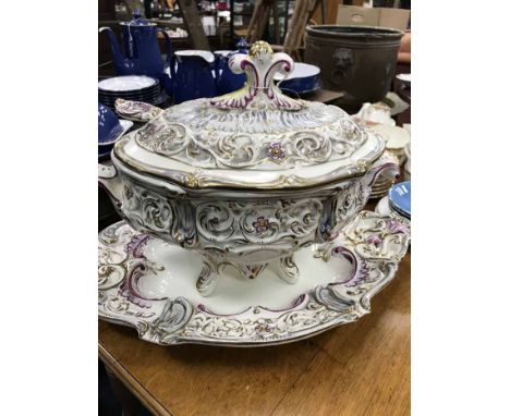 CAPODIMONTE SOUP TUREENwith ladle and stand along with set of three Italian ceramic figures, modelled as bearded men sat on a