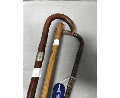 MALACCA CANE, SILVER MOUNTED WALKING STICK AND GOLF CLUB (3)