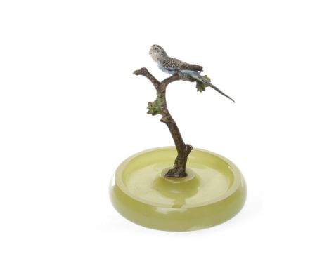 GREEN ONYX PIN DISHthe centre mounted with an Austrian cold painted bronze figure of a budgie perched on a bough, 11.5 cm hig