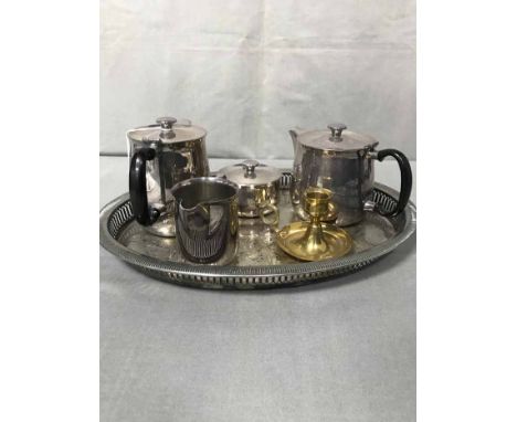 SILVER PLATED TEA SERVICE WITH TRAYalong with cased cutlery, wooden casket and two plaques 