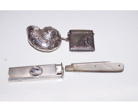 Nautilus vesta/snuff box London silver, Birmingham silver cigar cutter, Samson Mordan Birmingham 1919 fruit knife together wi