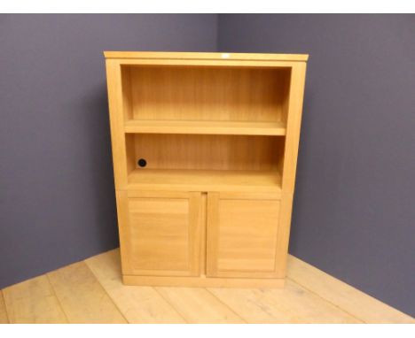 Good quality, light oak, Modern open shelving unit with 2 door cabinet below 140H x 103W cm PURCHASERS: PAYMENT BY BANK TRANS