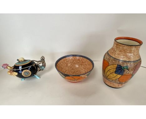 Clarice Cliff, Bizarre pattern vase 25cm H, and a similar bowl, 23cm diam, and a modern Minton Archive collection cockerel an