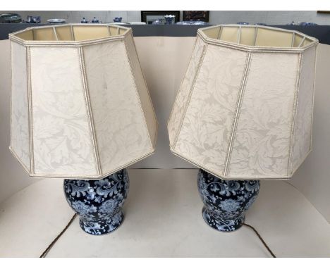 Pair of blue and white oriental ceramic lamps, with silk brocade shades PURCHASERS: PAYMENT BY BANK TRANSFER ONLY. COLLECTION