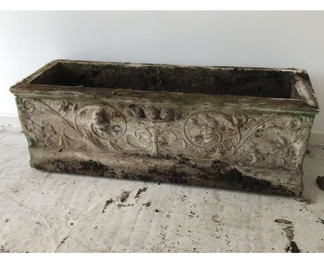 Weathered concrete oblong planter, with traditional moulded decoration 118cmL x 38cmW x 40cmH (condition: weathered, and smal