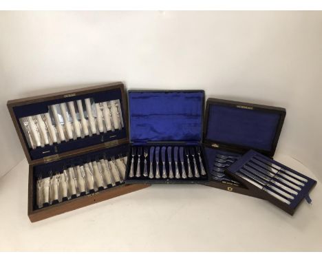 Quantity of cased sets of flatware, including 12 Mappin &amp; Webb fruit knives and forks, 6 mother of pearl handled fruit kn