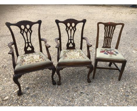 Pair of Chippendale style mahogany open armchairs with tapestry seats, on cabriole legs and ball and claw feet and a side cha