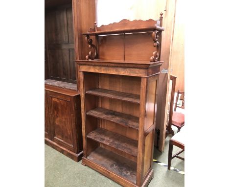 C19th mahogany side cabinet with shelf above, with scrolling under supports, 94cmL x 184H (condition ok, with shelves adapted