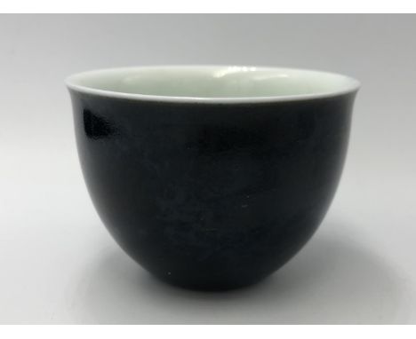 Small chinese ceramic black tea bowl, with light blue interior, stamp to base, 5.5cm H, 7cm diam  (condition: generally good)