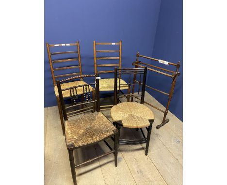 Pair of Arts and Crafts, beech ladder back chairs, with later rush seats and another two chairs and a Victorian towel rail, (