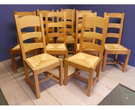 Set of 10 light wood, high back ladder back rush seat contemporary kitchen dining chairs (condition : good but general wear) 