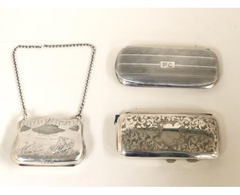 Sterling silver glasses case with engine turned decoration, containing yellow metal rimmed glasses, a similar plated example 