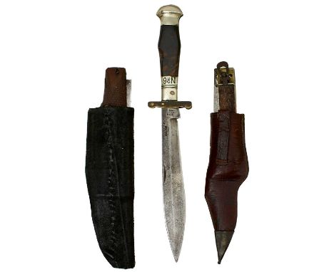 19cm blade stamped HUNTING KNIFE No.6 SHEFFIELD, characteristic white metal mounted hilt with two-piece riveted horn grips, t