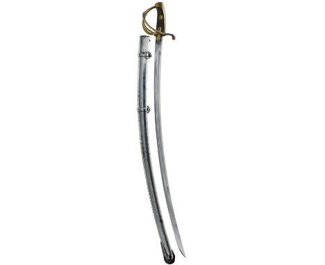 88.5cm curved fullered blade, brass hilt with various stamps, ribbed leather grip, contained in its steel scabbard.