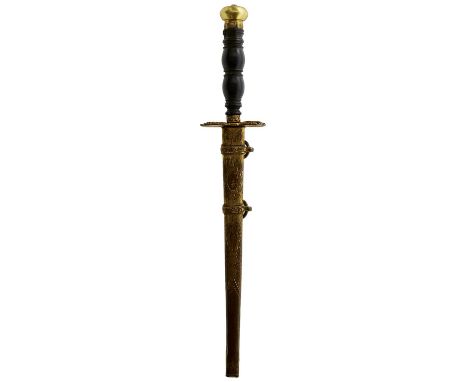 19.25cm flattened diamond section blade decorated with foliage and a stand of arms, copper gilt acanthus leaf crossguard, rin