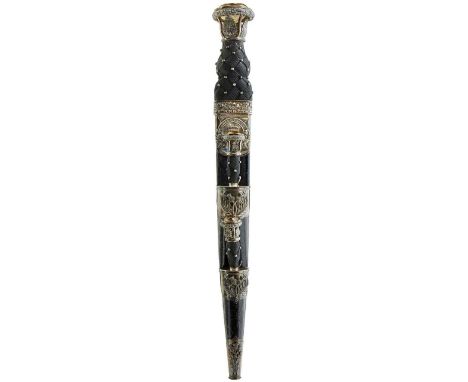 30cm double fullered clean blade with faceted back edge, the white metal mounted hilt decorated with thistles, carved basket 