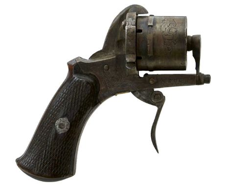 scroll engraved cylinder and frame, serial no. 200, loading gate on the right side, folding trigger, chequered two-piece wood