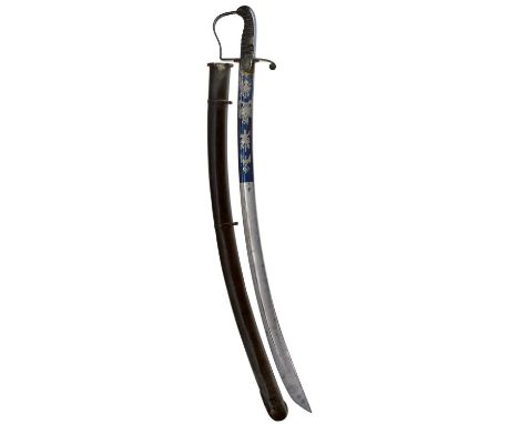 80cm curved blade decorated with stands of arms, the figure of Justice, crowned Royal arms and a crowned GR cypher, all highl