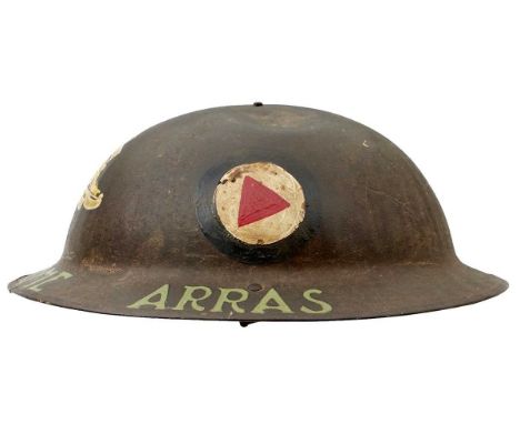 the steel body with period divisional painted markings, leather and cloth lining, later, family added VERDUN SOMME ARRAS and 