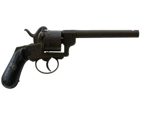 6inch barrel, plain cylinder and frame, two-piece wooden grips. Loading gate and lanyard ring lacking, pitted.