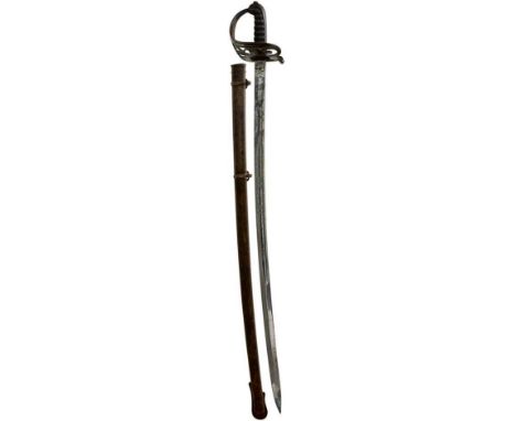 83cm slightly curved fullered blade by Almond of London etched with scrolling foliage, crowned VR cypher, strung bugle horn a
