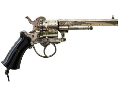 4.75inch sighted octagonal plated barrel with tramline decoration, border engraved plated cylinder stamped with the manufactu