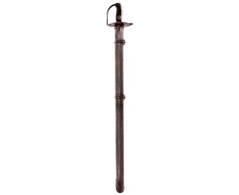 87.5cm blade with hatchet tip, struck with an Ordnance type mark at the forte, regulation steel disc hilt, ribbed leather gri