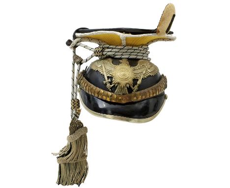 the black patent leather body with white metal trim, white metal Prussian Guards plate, three-part Imperial cockade, leather 