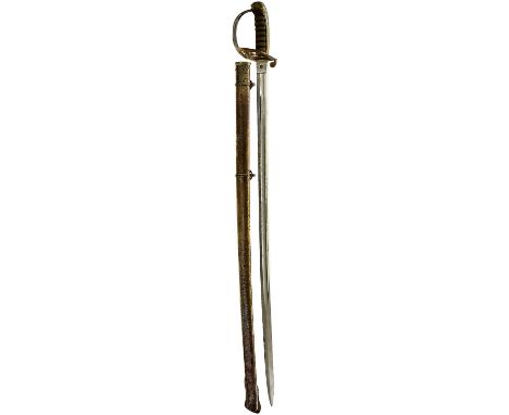 V 82cm plated blade by Wilkinson, serial no. 18832 for 1872, etched with scrolling foliage, crowned VR cypher, regimental tit