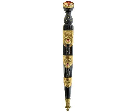28.5cm double fullered clean blade with faceted back edge, gilt brass mounted hilt decorated with thistles, the carved basket