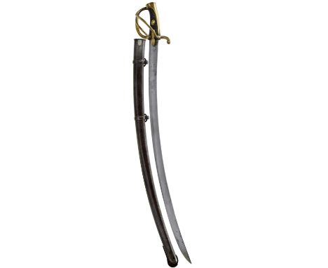 89cm sharply curved blade dated 1813 on the back edge, regulation three-bar brass hilt, ribbed leather grip, contained in its