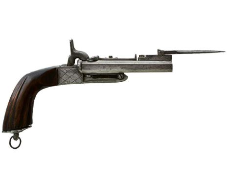 4.25inch sighted octagonal barrels fitted with a top folding bayonet and scarce sliding safety, chequered boxlock action, flu