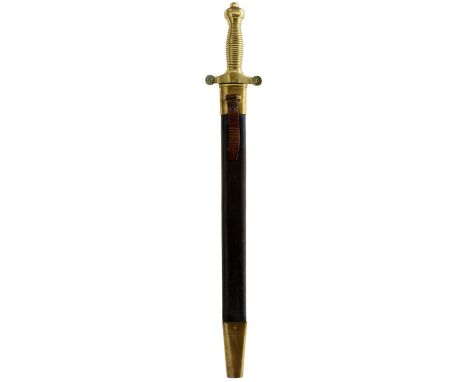 50.5cm saw-backed blade, regulation brass hilt with ribbed grip, contained in its brass mounted leather scabbard.