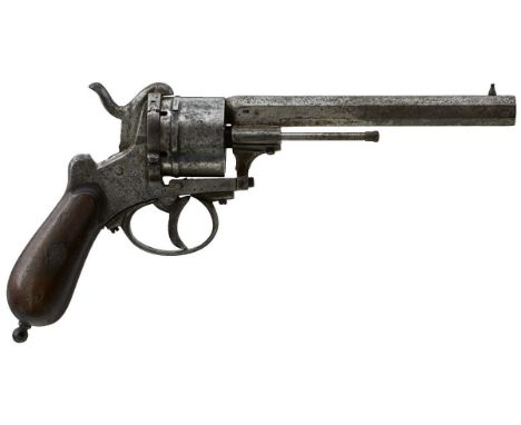 6inch sighted octagonal barrel, plain cylinder and frame, loading gate on the right side, two-piece wooden grips, the butt wi