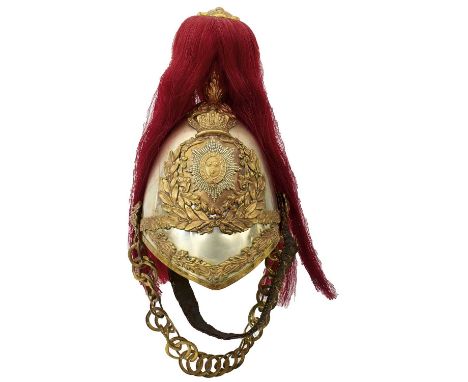 the white metal skull with gilt br decoration, laurel leaf trim, laurel wreath helmet plate with white metal faceted rayed st