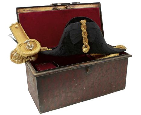 the japanned tin with owner's name J.N.G. Grace, maker's plaque for Gieves, regulation bullion trimmed hat with silk lining, 