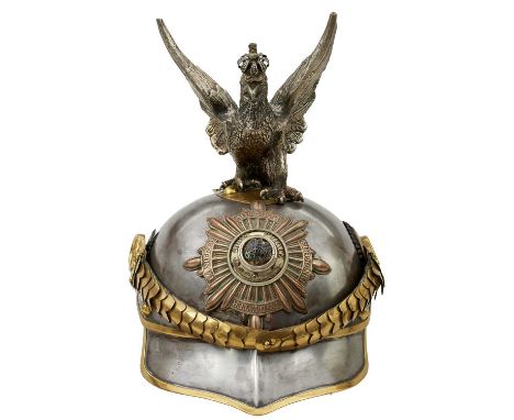 the steel skull with brass, copper and white metal mounts, rayed Guard's star helmet plate with enamelled centre, white metal