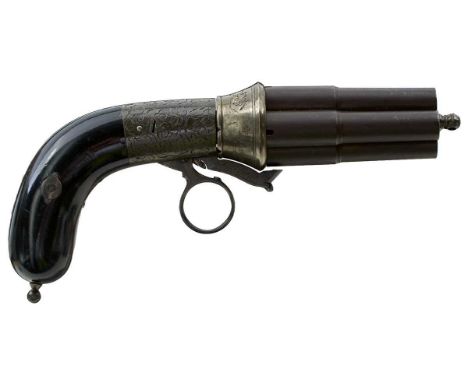 3inch two-stage tapering barrels, border and scroll engraved frame marked LF 1078 and Lefaucheux Paris, under hammer, ring tr