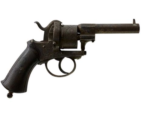 3.75inch sighted barrel, vine engraved cylinder, loading gate on the right side, vine and scroll engraved frame, chequered tw