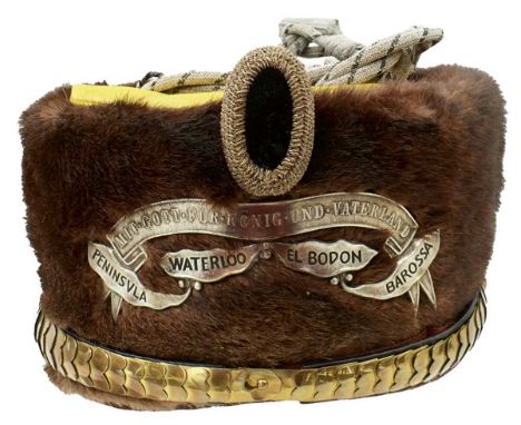 the fur body, faded to brown, with yellow cloth bag, white metal battle honours, surmounted by a silver bullion boss, single 