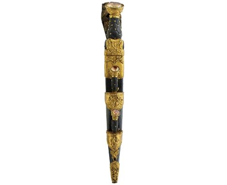 27cm double fullered clean blade with faceted back edge, gilt metal mounted hilt decorated with thistles, carved basket weave