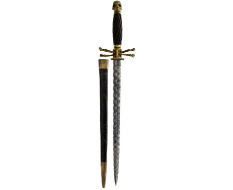 28.5cm wavy flattened diamond section blade etched with scrolling foliage and mystical symbolism, brass hilt, the guard in th