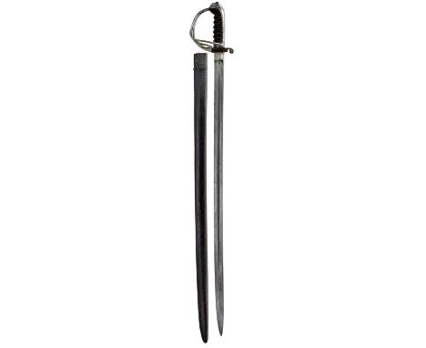 83cm fullered blade, regulation three-bar still hilt with oval inclusion, stepped pommel, ribbed brass wire bound hard wood g