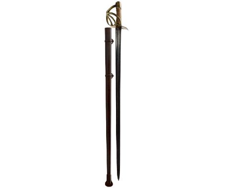 95.5cm double fullered blade, details erased from back edge, regulation four-bar brass hilt with various stamps, wooden grip,