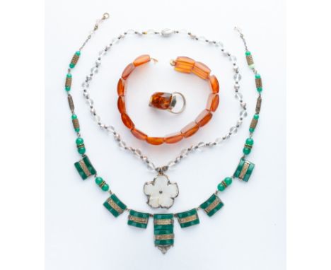 with jade necklace, celadon jade pendant, amber ring, amber bracelet, glass bead &amp; baroque pearl necklace
