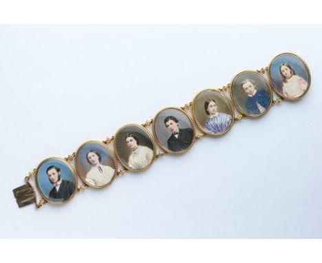 seven miniaturist portraits, appear to be in descending age range left to right, each with a carefully wrapped and gold-threa