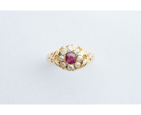 round cut ruby claw set, 8 old cut diamonds claw set approx 0.25ct, ring size N, total weight 4.6 grams